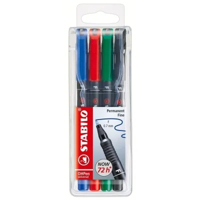 Pochette de 4 stylos feutres permanents STABILO 0,7 mm- noir, bleu, rouge, vert